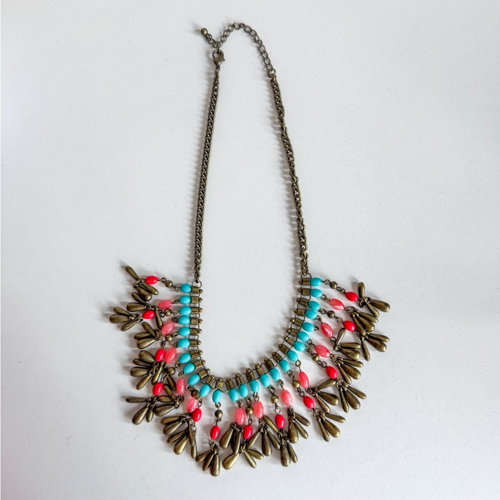 statement necklace, gold chain, turquoise, red & orange beads, adjustable length